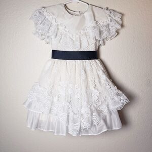 Vintage White Gold Bell Lace Ruffle TuTu Dress With Waist Tie